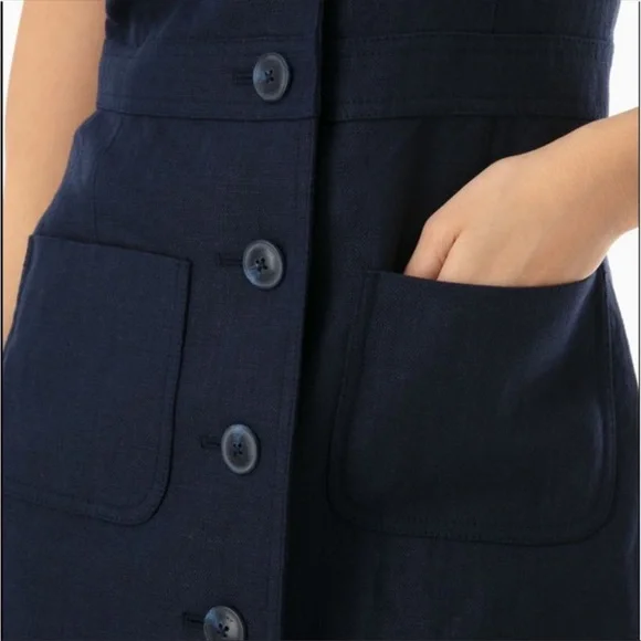 chinese dress ladies Tory Burch Black Cotton Linen Button Front Belted Utility Knit Dress
